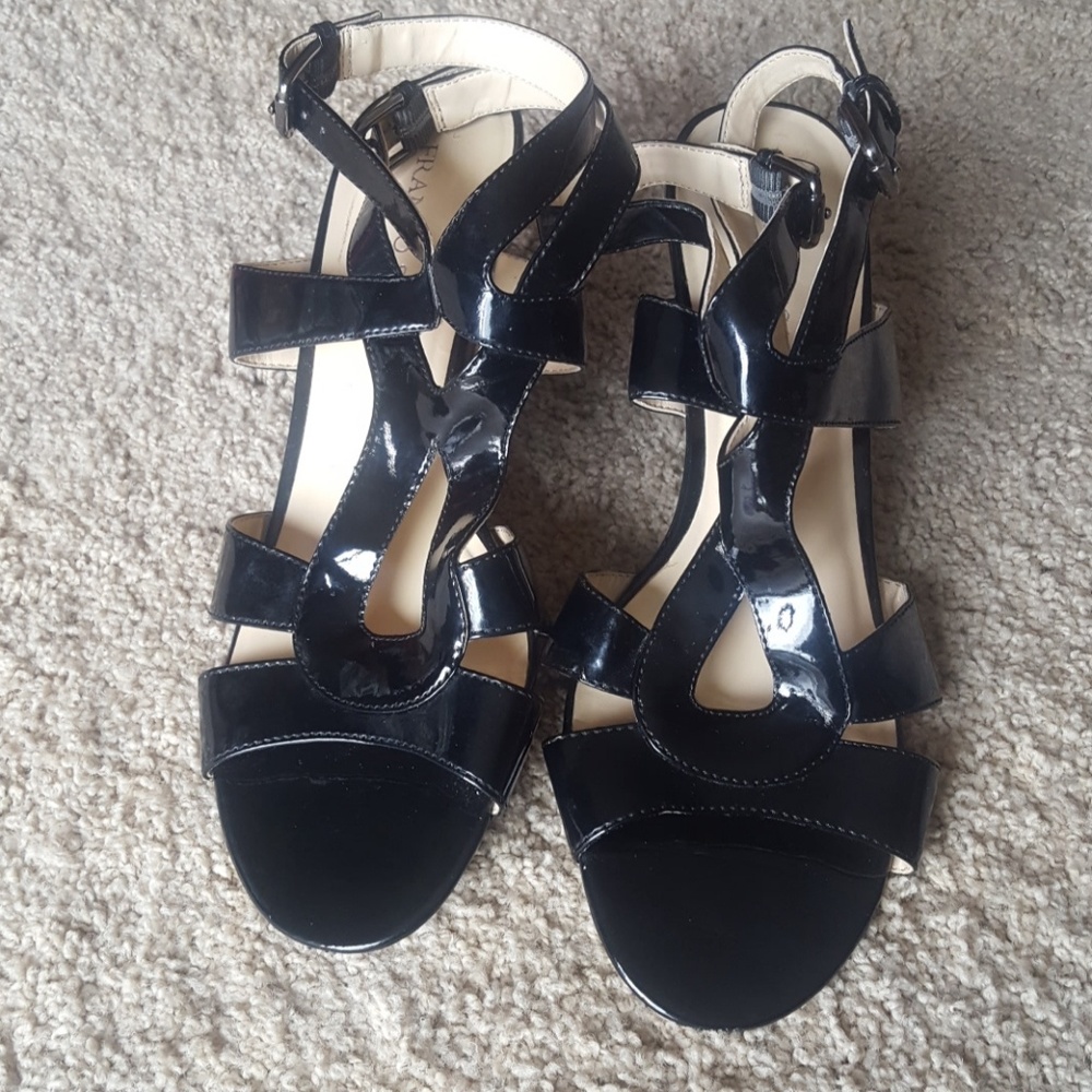 Franco Sarto black patent leather strappy sandals.